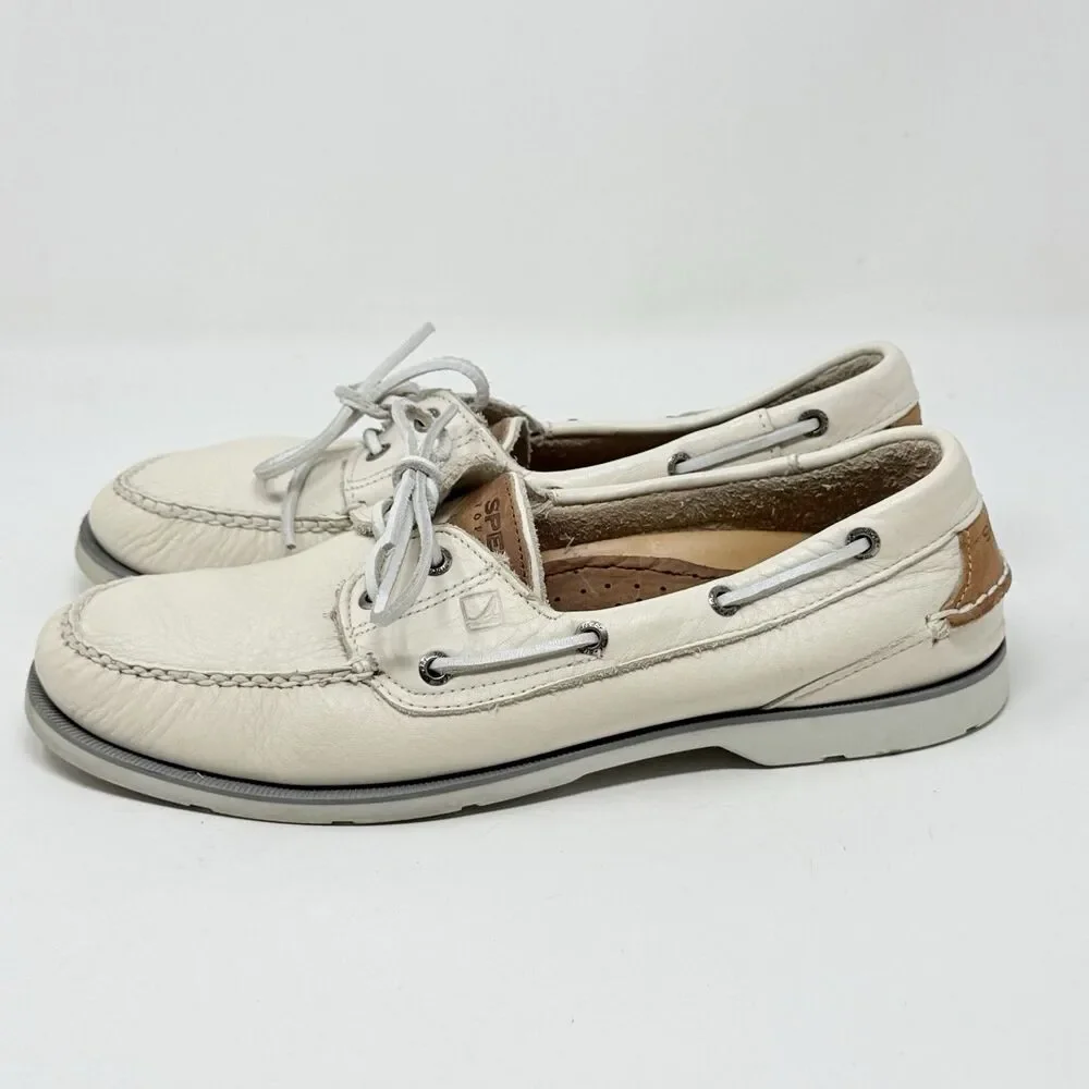 Sperry Top Sider Boat Shoes Mens 11 M Ivory White Leather 2 Eye Casual Moccasin